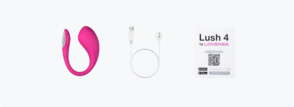 Lovense Lush 4 box contents — device, magnetic charging cable, satin pouch and user guide